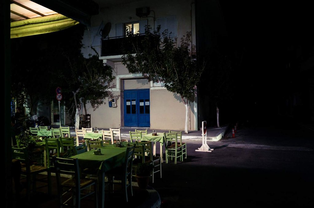 Empty taverna terrace, Paleochora, Crete