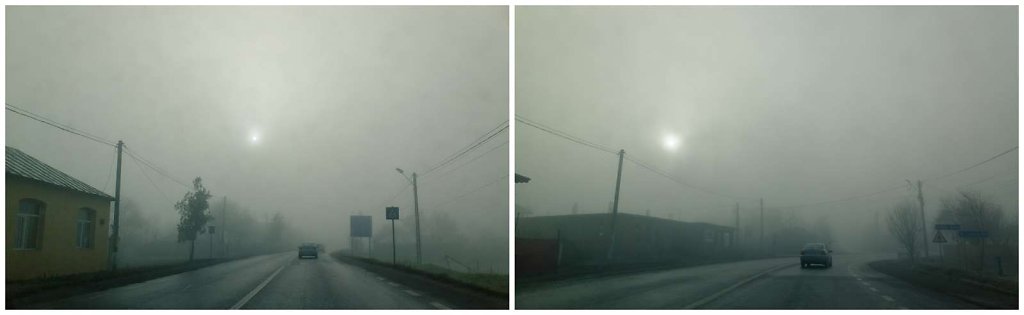 Road under a pinhole sun and fog, diptych